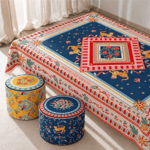 Baci Milano Dolce Far Niente Desenli Mavi Kadife Dokulu Puf Ø 45 cm; H 45 cm