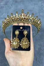 Bal Rengi Catherine Taşlı Kına Gelin Tacı Ve Damla Taşlı Abiye Küpe Takımı