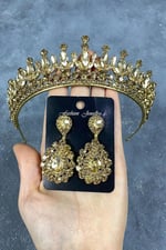 Bal Rengi Catherine Taşlı Kına Gelin Tacı Ve Damla Taşlı Abiye Küpe Takımı