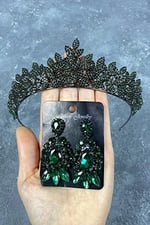 Bal Rengi Jessie Model Şık Taşlı Gelin Tacı Ve Üç Mekik Küpe Takımı