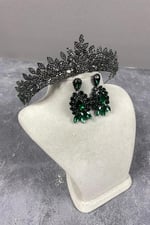 Bal Rengi Jessie Model Şık Taşlı Gelin Tacı Ve Üç Mekik Küpe Takımı