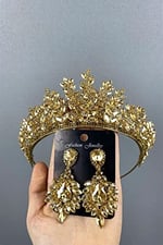 Bal Rengi Sezen Model 3 Boyutlu Kına Gelin Tacı Ve Damlalı Küpe Takımı