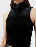 Balıkçı Yaka Bluz Crop Kolsuz Kadife