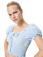 Balon Kollu Crop Poplin Bluz