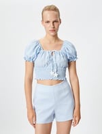 Balon Kollu Crop Poplin Bluz