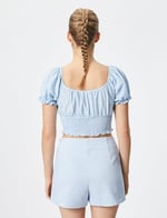 Balon Kollu Crop Poplin Bluz