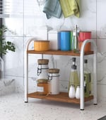 Banyo-Mutfak Toparlayıcı Düzenleyici Organizer 2 Katlı Geniş Metal Beyaz Bambu Tezgah Üstü Raf Bambu