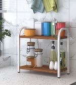 Banyo-Mutfak Toparlayıcı Düzenleyici Organizer 2 Katlı Geniş Metal Beyaz Bambu Tezgah Üstü Raf Bambu