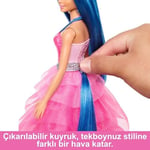 Barbie, 65. yıla özel, mavi saçlı, pembe elbiseli bebek ile safir kanatlar gibi aksesuarlar, HRR16