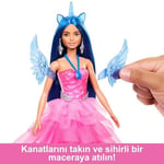 Barbie, 65. yıla özel, mavi saçlı, pembe elbiseli bebek ile safir kanatlar gibi aksesuarlar, HRR16