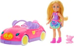 Barbie Chelsea Araç Barbie Chelsea araç seti, sarışın küçük bebek, oyuncak araba ve ayıcık aksesuarı HXN05