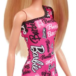 Barbie Çıkarılabilir, tek omuzlu, pembe elbisesi ve logo baskılı ayakkabılarıyla düz sarı saçlı bebek, HRH07