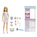 Barbie Dondurma Dükkanı Oyun Seti Barbie Dondurma Dükkanı Oyun Seti, 30 cm sarışın bebek, dondurma yapabilme özelliği ve gerçeğe uygun oyun aksesuarları HCN46