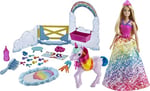 Barbie Dreamtopia Bebek ve Tek Boynuzlu At, renk değiştiren tuvaletiyle tek boynuzlu at ve 18 aksesuar, 3-7 yaş GTG01