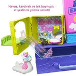 Barbie Extra Mini ve Hayvan Dostları'nın Seyahat Maceraları Oyun Seti, 2 yavru köpek ve Barbie Extra mini bebek, havuz, kaydırak, parti salonu ve aksesuarlar, 3 yaş ve üzeri HDY91