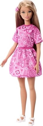 Barbie Fashionistas Style Pop No. 249 sarı saçlı, pembe şal etek, pembe şal desenli gömlek, platform tabanlı beyaz sandalet, JJN62
