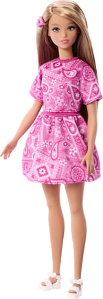 Barbie Fashionistas Style Pop No. 249 sarı saçlı, pembe şal etek, pembe şal desenli gömlek, platform tabanlı beyaz sandalet, JJN62