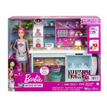 Barbie Pasta Dükkanı Oyun Seti ve Pembe Saçlı 30 cm Minyon Bebek, Fırın Standı, Pasta Yapma Özelliği, 20'den Fazla Oyun Parçası, 3 Yaş ve Üzeri için (HGB73)