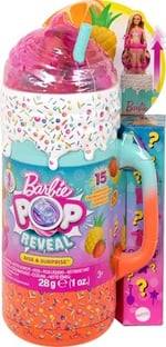 Barbie Pop Reveal bebek ve aksesuarları; kokulu bebek, yumuşacık evcil hayvan, renk değişimi özelliği ve şekillendirilebilir kum gibi 15'ten fazla sürpriz içeren Sürprizli Bardak Oyun Seti, HRK57