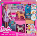Barbie'nin Veteriner Kliniği oyun seti, pembe saçlı bebek, veteriner eşyaları ve alçıyla bandaj hazırlama hamuru dahil 10'dan fazla aksesuar, JFX93