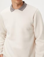 Basic Sweatshirt Polo Yaka Etiket Baskı Detaylı Ribanalı Şardonlu