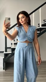 Bebe Mavi Omuz Vatka Detaylı Crop Bluz - Pantolon Takım - Bedenler: S, M