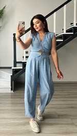 Bebe Mavi Omuz Vatka Detaylı Crop Bluz - Pantolon Takım - Bedenler: S, M