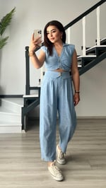 Bebe Mavi Omuz Vatka Detaylı Crop Bluz - Pantolon Takım - Bedenler: S, M