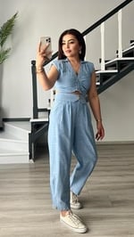 Bebe Mavi Omuz Vatka Detaylı Crop Bluz - Pantolon Takım - Bedenler: S, M