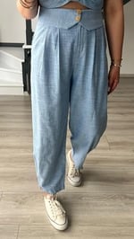 Bebe Mavi Omuz Vatka Detaylı Crop Bluz - Pantolon Takım - Bedenler: S, M