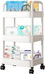 Bebek Bezi Caddy, Tekerlekli Plastik Hareketli Bebek Bezi Arabası Yenidoğan Kreş Essentials Bebek Bezi Düzenleyici, Masa ve Beşik Değiştirme için, Montajı Kolay, Beyaz
