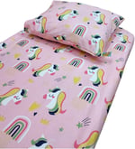 Bebek Özel%100 Pamuk Bebek ve Çocuk Lastikli Çarşaf ve Yastık Kılıfı Seti, 90x180 cm, Pembe, Unicorn Desen
