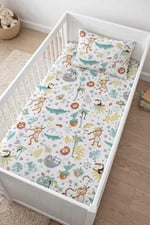 Bebek Özel%100 Pamuklu Bebek Çocuk Lastikli Çarşaf ve Yastık Kılıfı Seti, 70x130 cm, Yeni Beyaz Orman