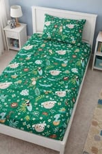 Bebek Özel%100 Pamuklu Bebek Çocuk Lastikli Çarşaf ve Yastık Kılıfı 70x170 cm, Yeni Yeşil Orman