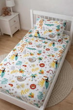 Bebek Özel%100 Pamuklu Bebek Çocuk Lastikli Çarşaf ve Yastık Kılıfı 70x180 cm, Yeni Beyaz Orman