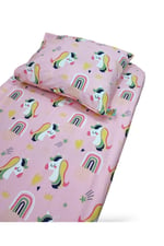 Bebek Özel%100 Pamuklu Bebek ve Çocuk Lastikli Çarşaf ve Yastık Kılıfı 90x200 cm, Pembe Unicorn