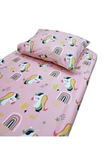 Bebek Özel%100 Pamuklu Bebek ve Çocuk Lastikli Çarşaf ve Yastık Kılıfı 90x200 cm, Pembe Unicorn