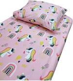 Bebek Özel%100 Pamuklu Bebek ve Çocuk Lastikli Çarşaf ve Yastık Kılıfı 90x200 cm, Pembe Unicorn
