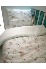 Bebek Özel%100 Pamuklu Çocuk 100x150 Yastık Çarşaf Yorgan Seti Kahverengi Gökkuşağı Krem