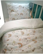 Bebek Özel%100 Pamuklu Çocuk 100x150 Yastık Çarşaf Yorgan Seti Kahverengi Gökkuşağı Krem