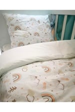 Bebek Özel%100 Pamuklu Çocuk 100x150 Yastık Çarşaf Yorgan Seti Kahverengi Gökkuşağı Krem