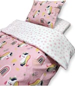 Bebek Özel%100 Pamuklu Çocuk Beşik Yatak Takımı, 70x110 cm, Pembe Unicorn Desenli ve Pembe Yıldızlı
