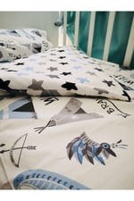 Bebek Özel%100 Pamuklu Çocuk Yatak Seti, 100x150 cm, Mavi Kamp Çadır Desenli, Yorganlı