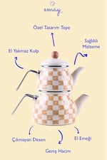Beige Dama Desenli Emaye Çaydanlık (Tüm Ocaklara Uygun)