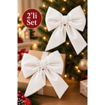 Beige & Stone 2li Mini Boy Beyaz Kumaş Fiyonk Yılbaşı Çam Ağacı Süsü Dekoratif Kurdele Noel Ve Yeni Yıl Süsü 16 Cm
