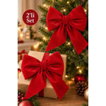 Beige & Stone 2li Mini Boy Kırmızı Desenli Kumaş Fiyonk Yılbaşı Çam Ağacı Süsü Dekoratif Kurdele Noel Ve Yeni Yıl Süsü 16 Cm