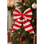 Beige & Stone Mini Boy Kırmızı Çizgili Desenli Kumaş Fiyonk Yılbaşı Çam Ağacı Süsü Dekoratif Kurdele Noel Ve Yeni Yıl Süsü 16 Cm
