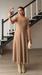 Bej Kalın Askılı Kloş Elbise-Bluz Takım - Bedenler: S, M, L