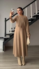 Bej Kalın Askılı Kloş Elbise-Bluz Takım - Bedenler: S, M, L