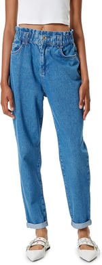 Beli Lastikli Yüksek Bel Düğmeli Mom Jean Pantolon